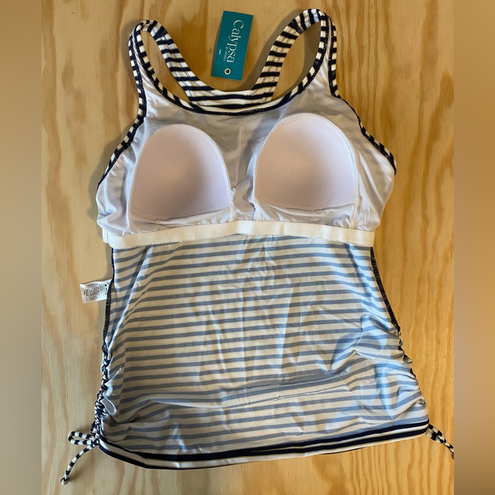 Calypsa by Modli Maya Swim Top Tankini White Navy Strip Large NWT - Picture 3 of 12